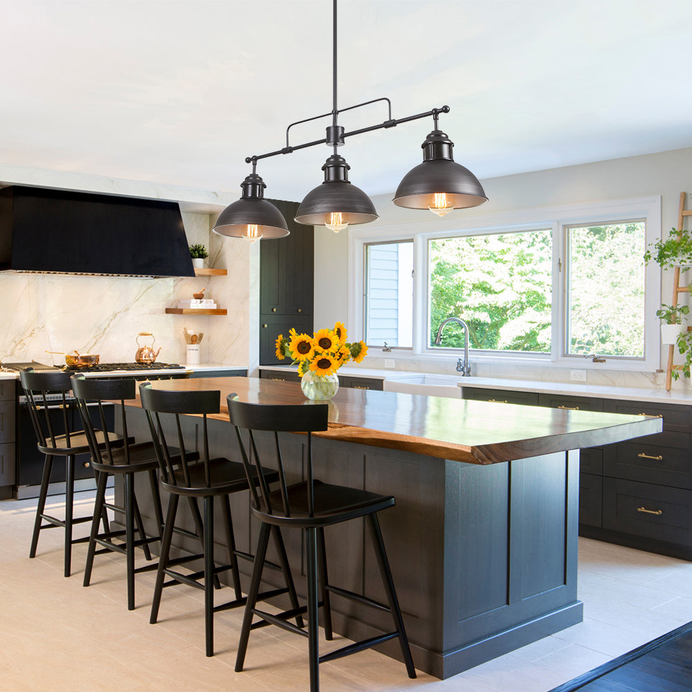 Modern Linear 3-Light Pendant Kitchen Island Lighting Fixture Black Metal Frame