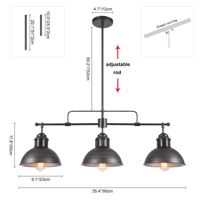 Modern Linear 3-Light Pendant Kitchen Island Lighting Fixture Black Metal Frame