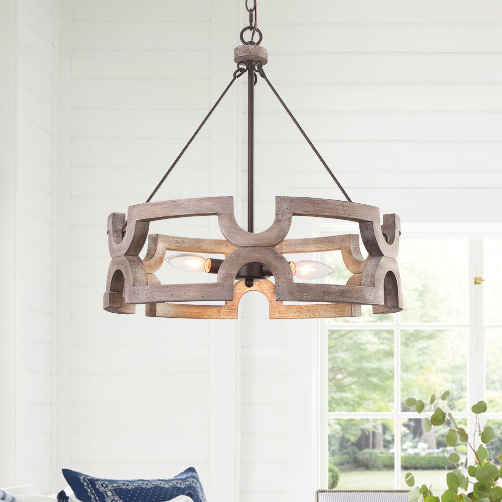 Rustic Wood Drum Pendant Chandelier, 3-Light, Aged Iron Finish, Adjustable Chain