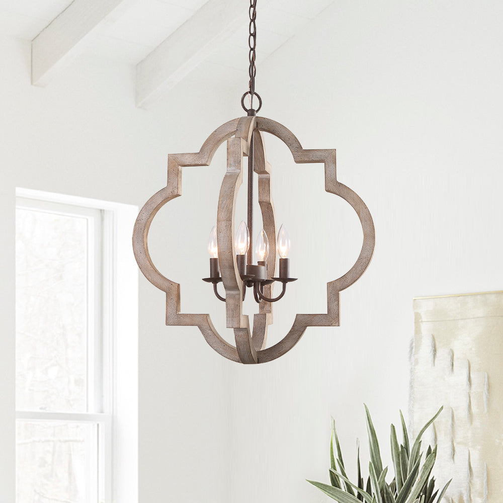 Rustic Farmhouse Wood Lantern Chandelier, Adjustable Height, 3/4-Light Pendant Fixture