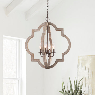 Rustic Farmhouse Wood Lantern Chandelier, Adjustable Height, 3/4-Light Pendant Fixture