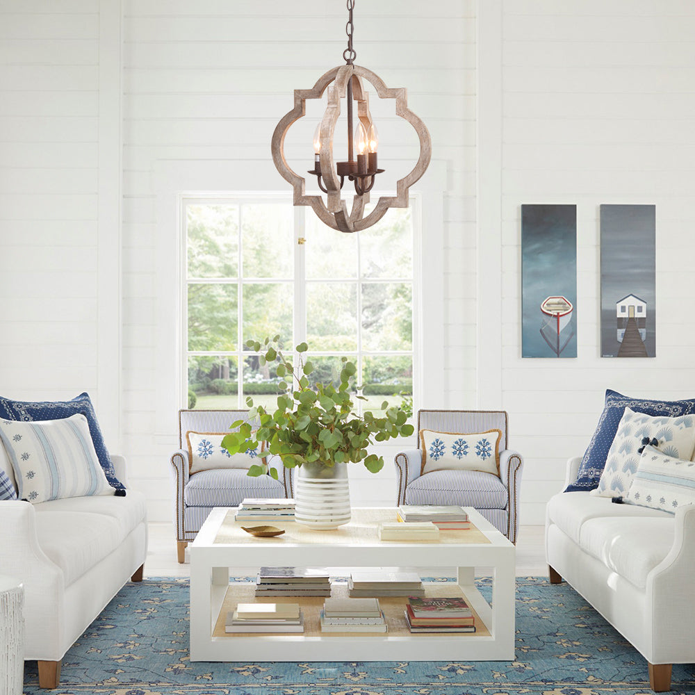 Rustic Farmhouse Wood Lantern Chandelier, Adjustable Height, 3/4-Light Pendant Fixture
