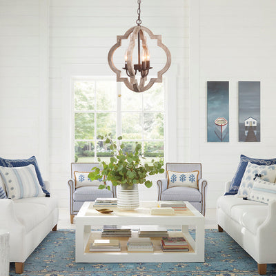 Rustic Farmhouse Wood Lantern Chandelier, Adjustable Height, 3/4-Light Pendant Fixture