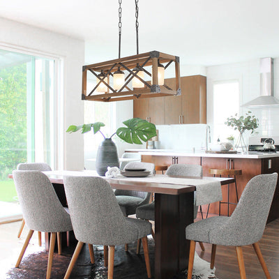 4-Light Farmhouse Industrial Wood Metal Rectangle Cage Kitchen Island Pendant Light
