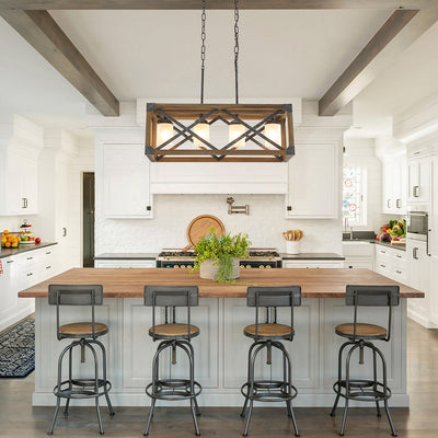 4-Light Farmhouse Industrial Wood Metal Rectangle Cage Kitchen Island Pendant Light