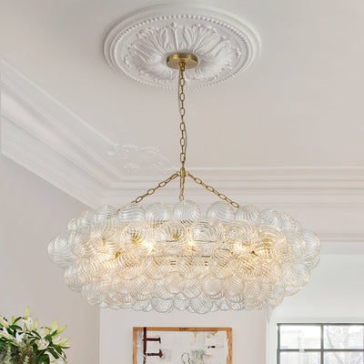 Brass Halo Ribbed Glass Globe Bubble Ring Chandelier
