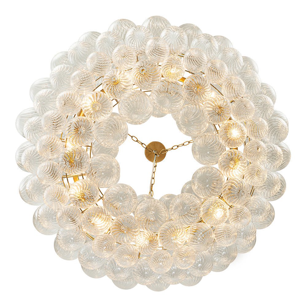 Brass Halo Ribbed Glass Globe Bubble Ring Chandelier