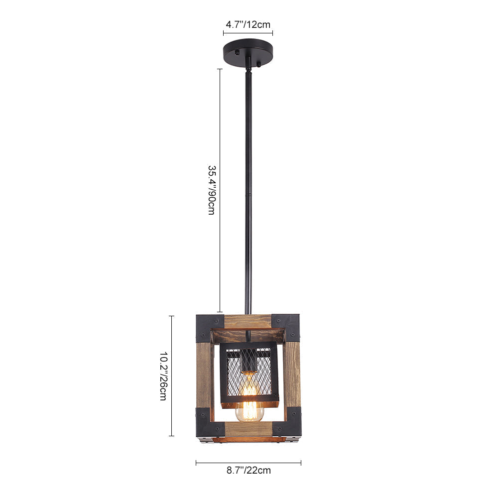 Adjustable Layered Farmhouse Square Cage Pendant Light - Metal Wood Design