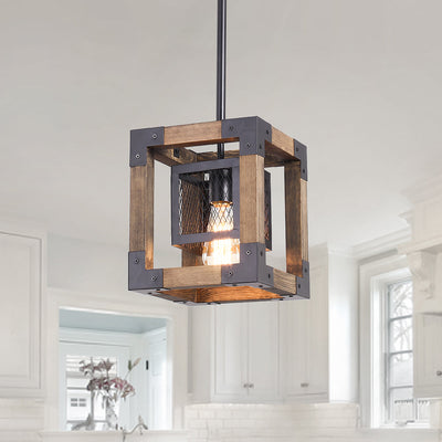 Adjustable Layered Farmhouse Square Cage Pendant Light - Metal Wood Design