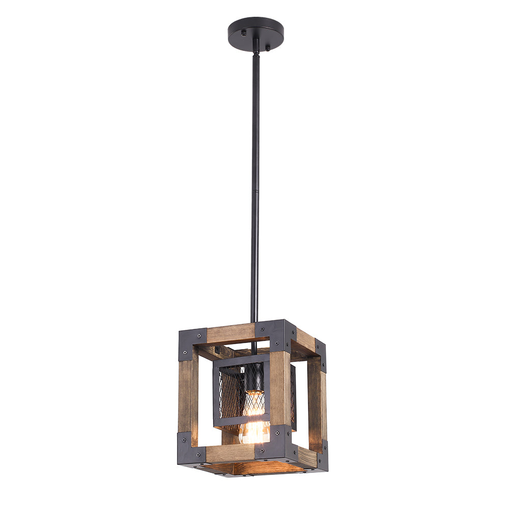 Adjustable Layered Farmhouse Square Cage Pendant Light - Metal Wood Design
