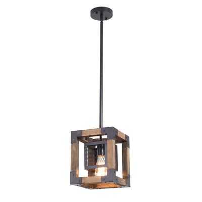 Adjustable Layered Farmhouse Square Cage Pendant Light - Metal Wood Design