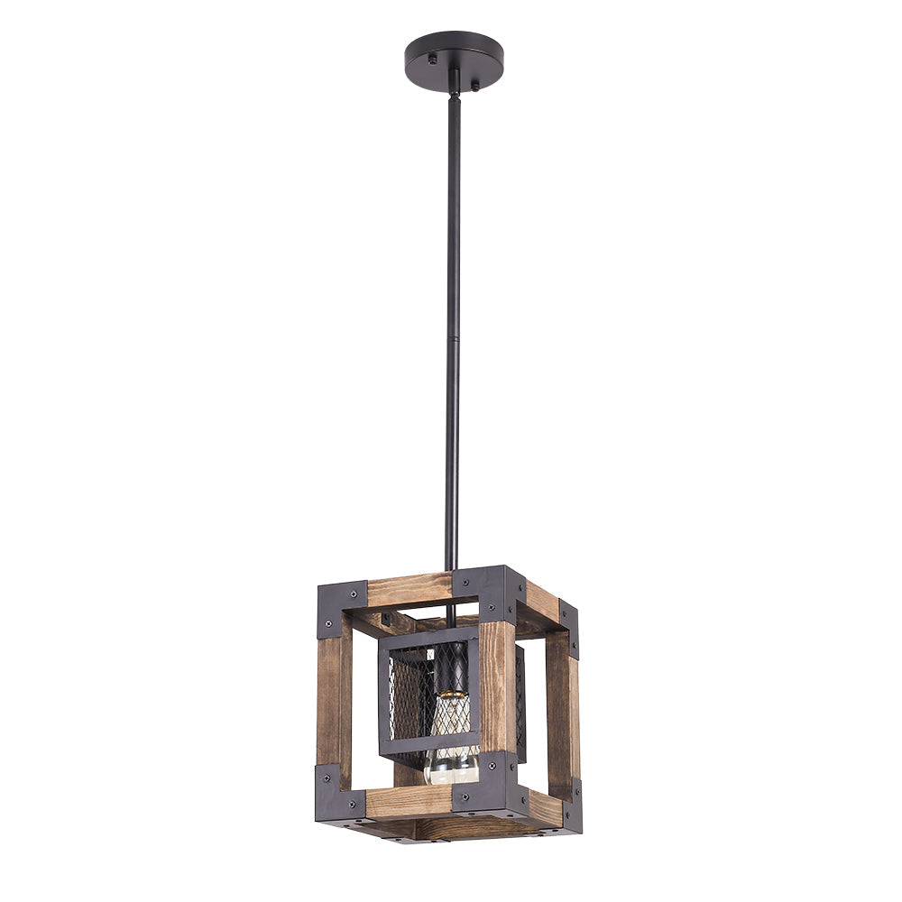 Adjustable Layered Farmhouse Square Cage Pendant Light - Metal Wood Design