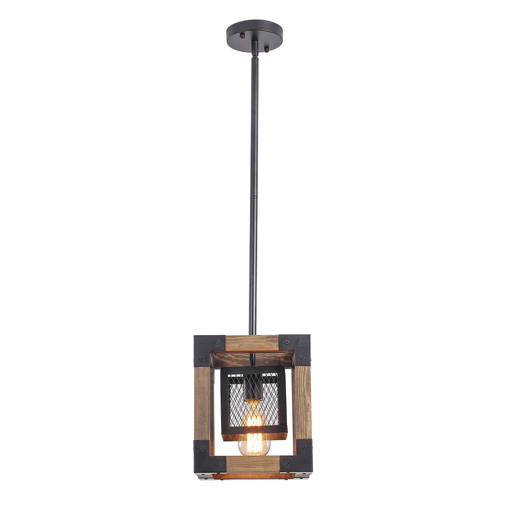 Adjustable Layered Farmhouse Square Cage Pendant Light - Metal Wood Design
