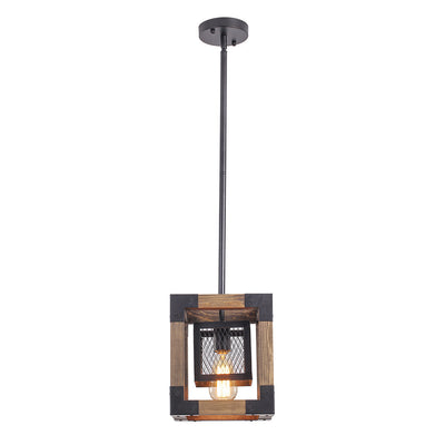 Adjustable Layered Farmhouse Square Cage Pendant Light - Metal Wood Design