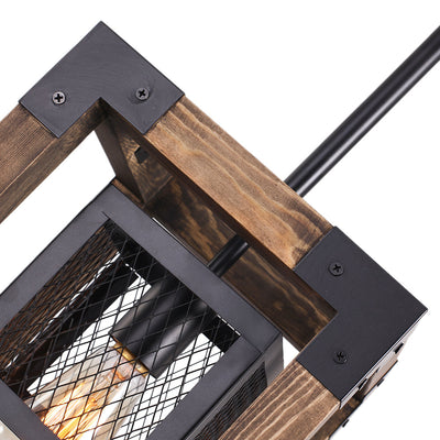 Adjustable Layered Farmhouse Square Cage Pendant Light - Metal Wood Design