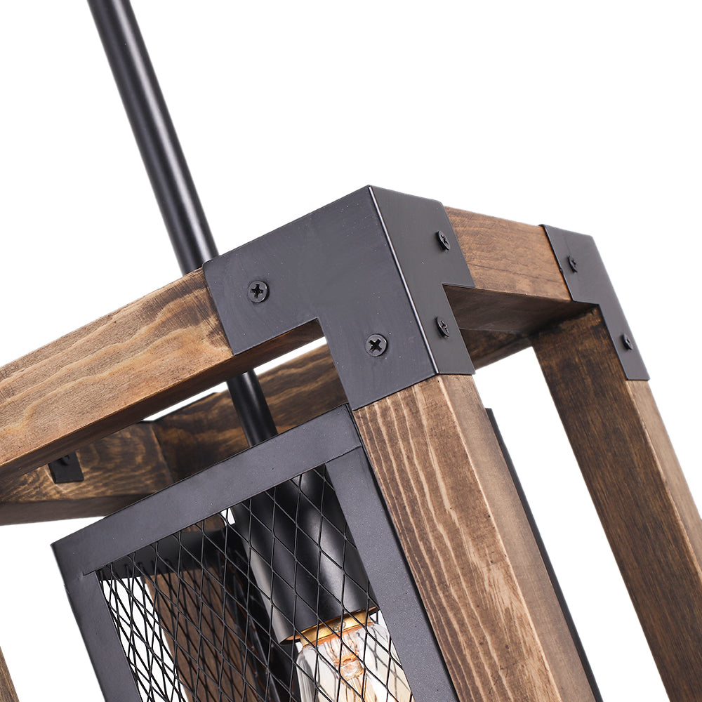 Adjustable Layered Farmhouse Square Cage Pendant Light - Metal Wood Design