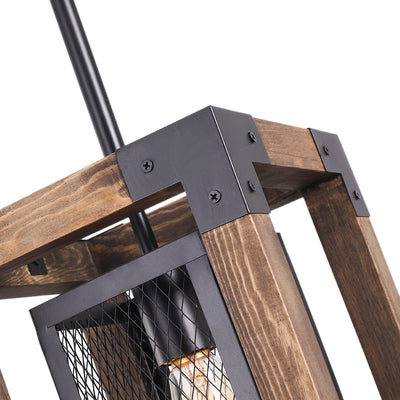 Adjustable Layered Farmhouse Square Cage Pendant Light - Metal Wood Design