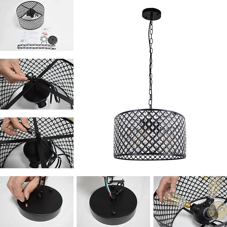 Mid Century 3-Light Drum Pendant Lighting with Crystal Accents, Adjustable Black Finish