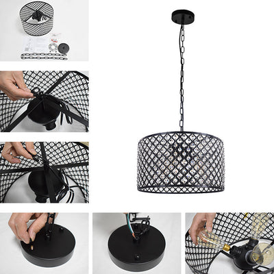 Mid Century 3-Light Drum Pendant Lighting with Crystal Accents, Adjustable Black Finish