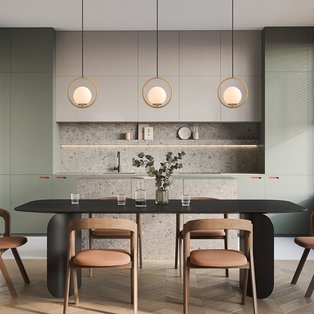 Modern Brass Hanging Globe Pendant Light Fixture, Adjustable Height, Glass Orb Shade