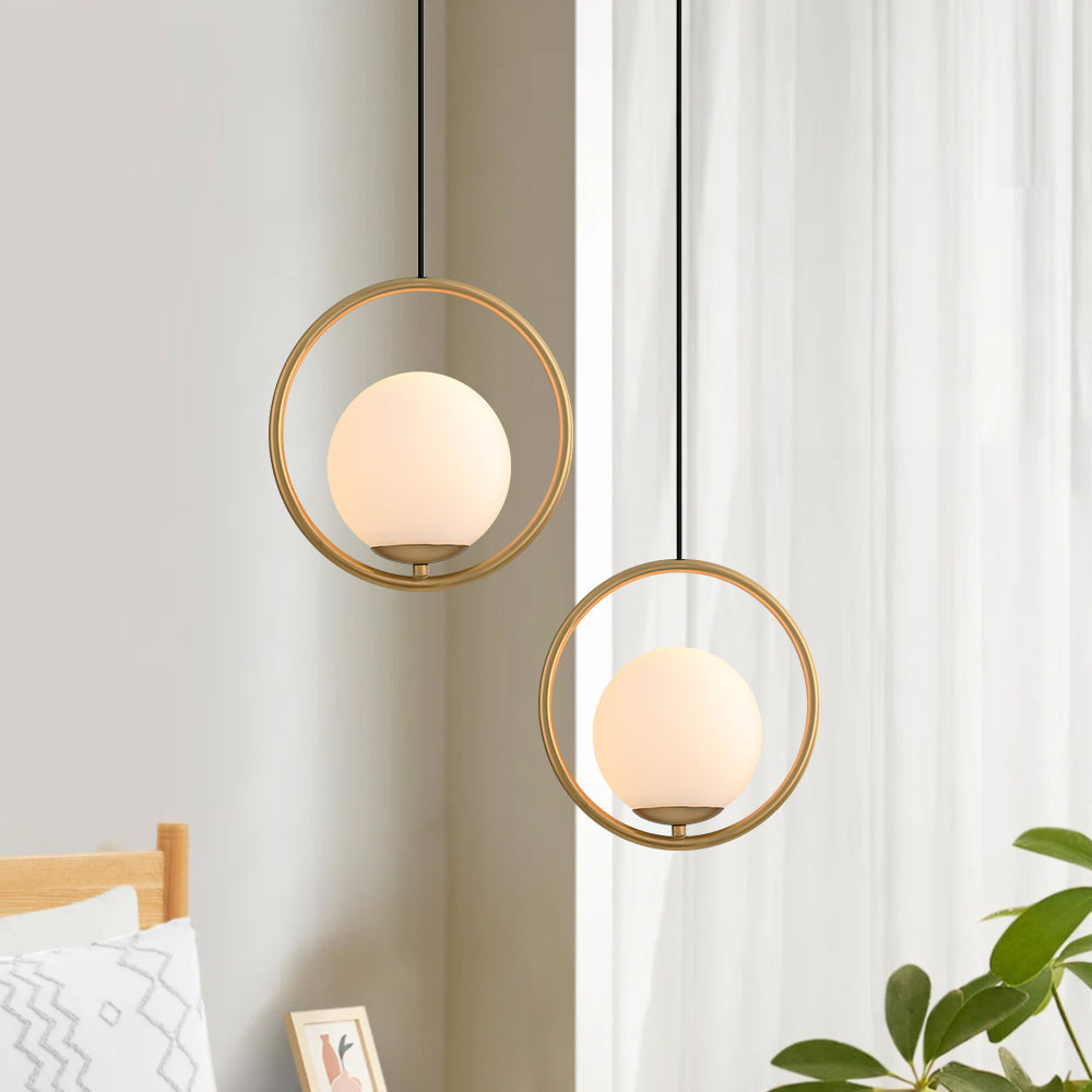 Modern Brass Hanging Globe Pendant Light Fixture, Adjustable Height, Glass Orb Shade