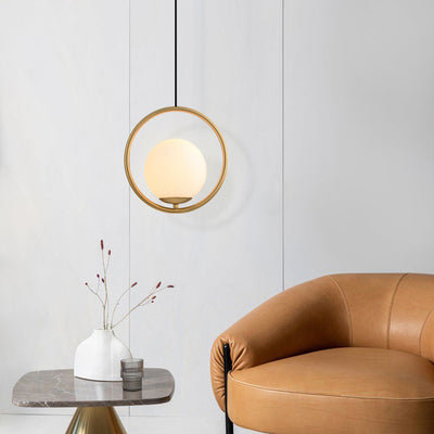 Modern Brass Hanging Globe Pendant Light Fixture, Adjustable Height, Glass Orb Shade