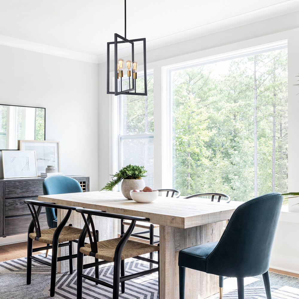 Modern Square Metal Linear Pendant Lighting Fixture, Black Finish, 4-Light E26