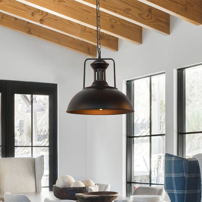 Rustic Metal Dome Hanging Pendant Light, Adjustable Chain, Industrial Farmhouse Style