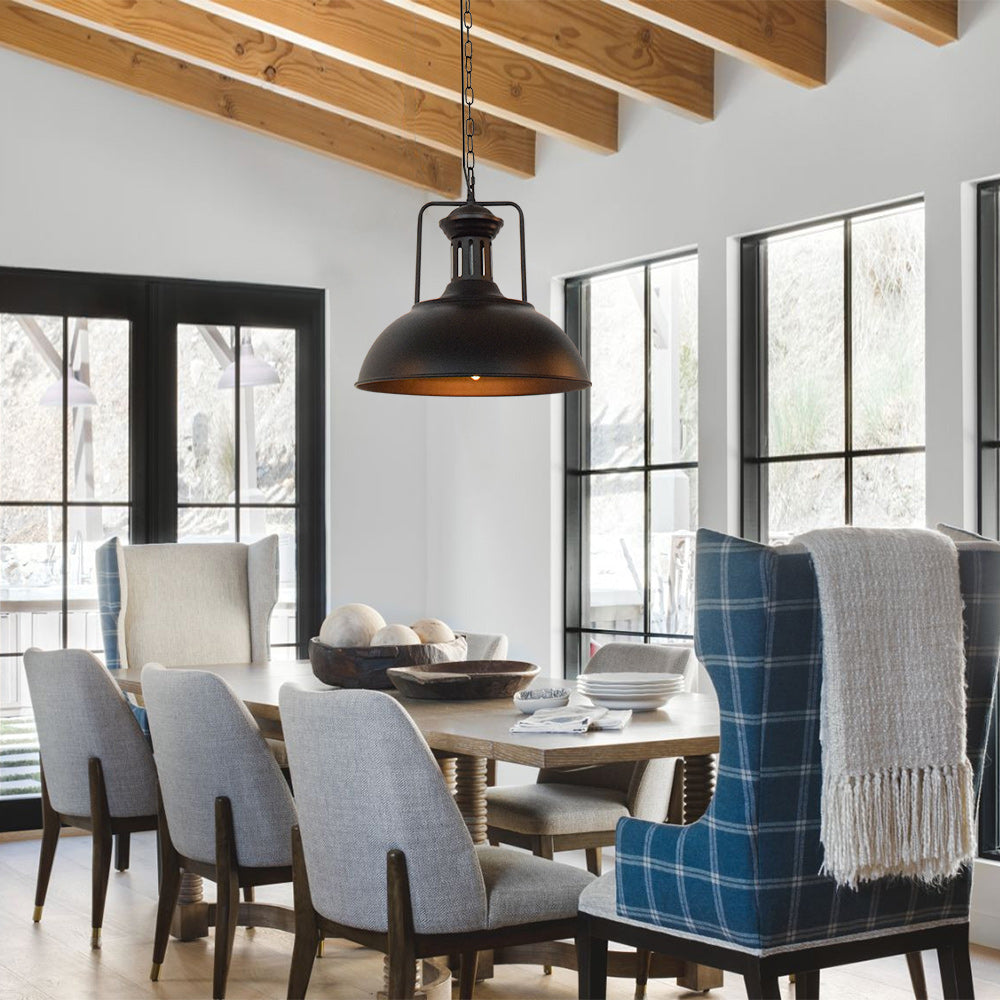 Rustic Metal Dome Hanging Pendant Light, Adjustable Chain, Industrial Farmhouse Style