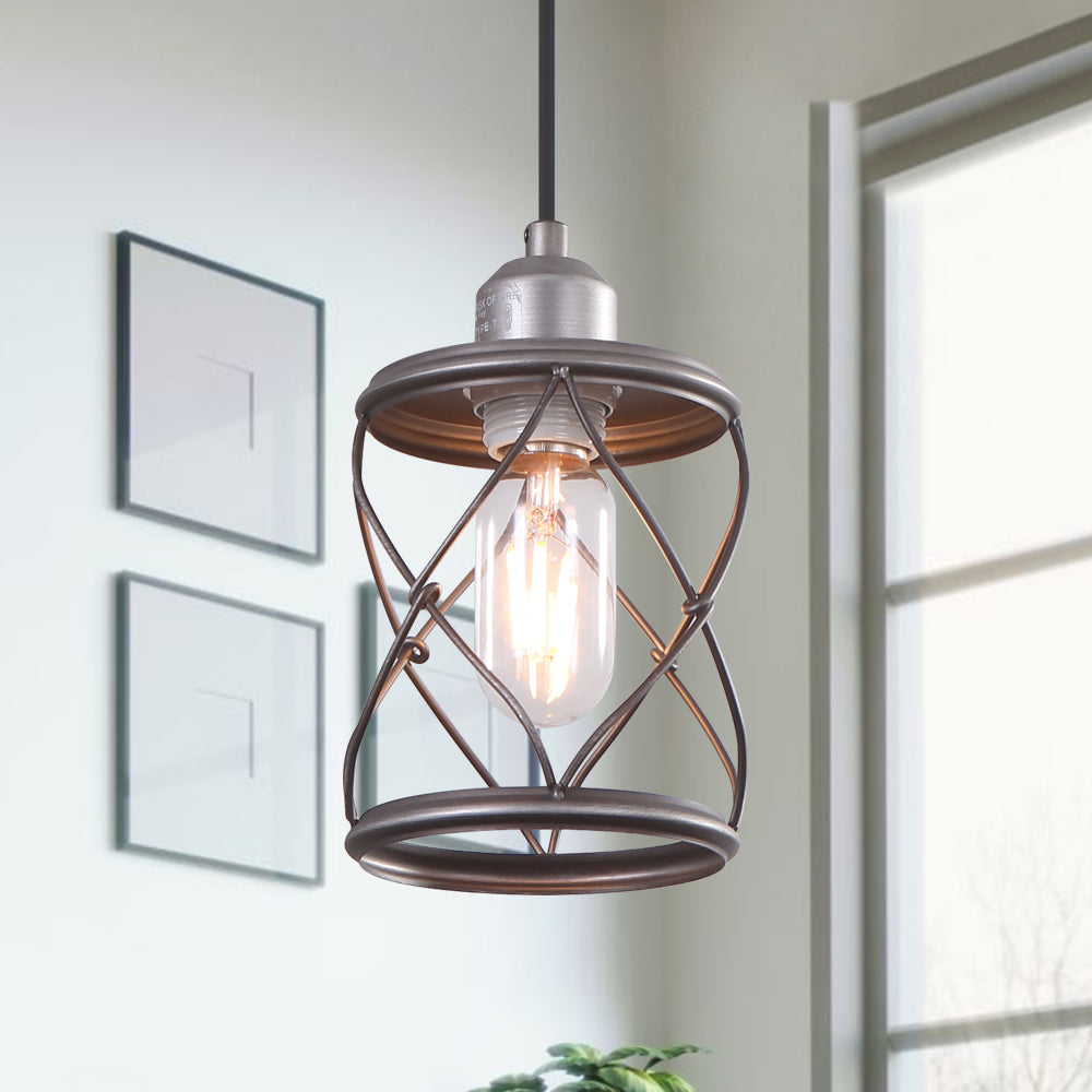 Antiqued Silver Industrial Farmhouse Cage Pendant Light, Adjustable Cord, Kitchen Dining Fixture