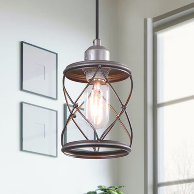 Antiqued Silver Industrial Farmhouse Cage Pendant Light, Adjustable Cord, Kitchen Dining Fixture