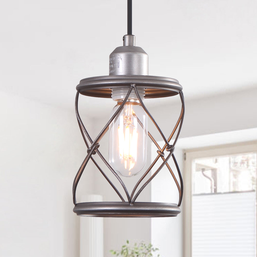Antiqued Silver Industrial Farmhouse Cage Pendant Light, Adjustable Cord, Kitchen Dining Fixture