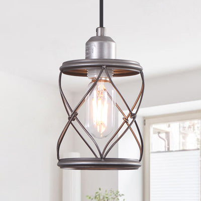 Antiqued Silver Industrial Farmhouse Cage Pendant Light, Adjustable Cord, Kitchen Dining Fixture