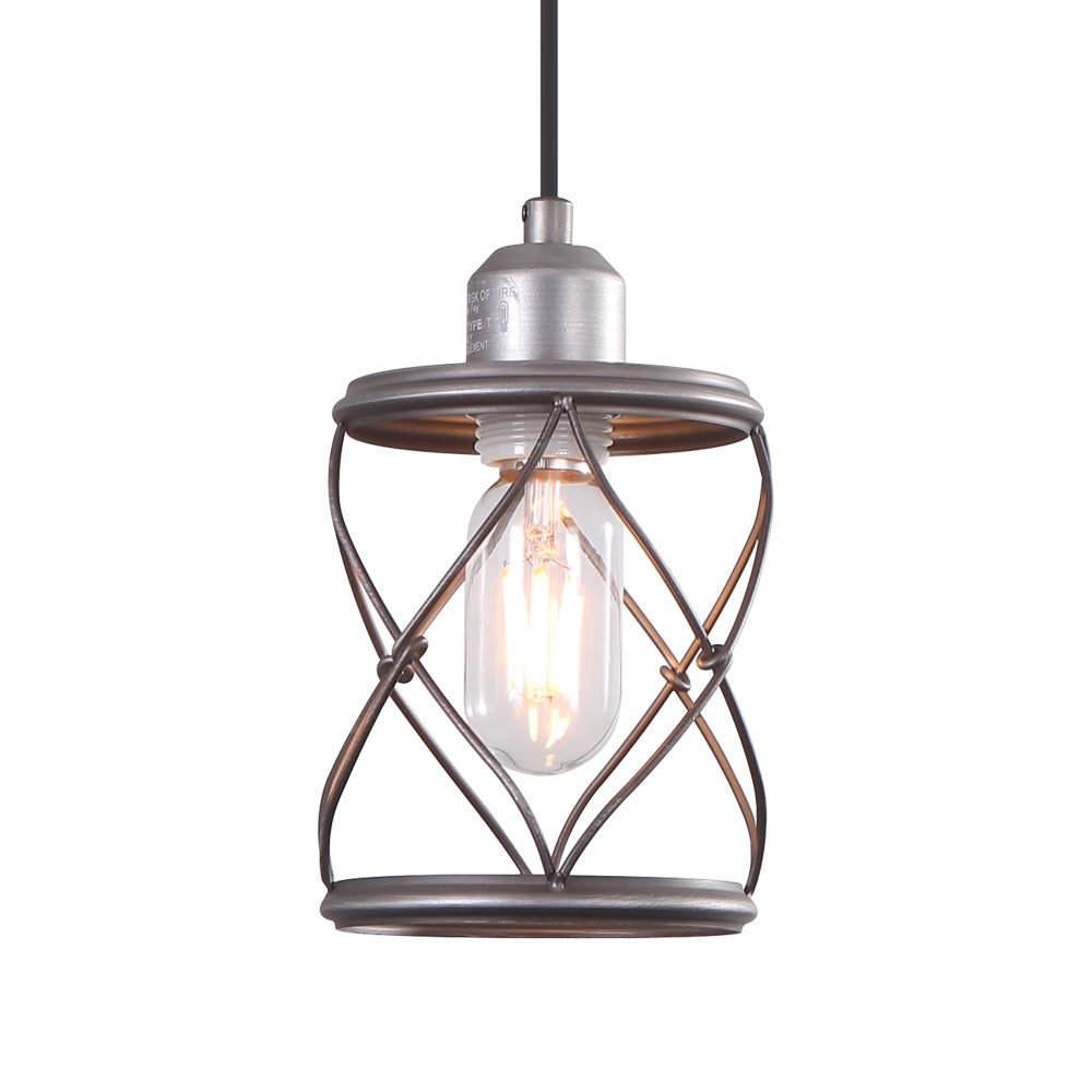 Antiqued Silver Industrial Farmhouse Cage Pendant Light, Adjustable Cord, Kitchen Dining Fixture