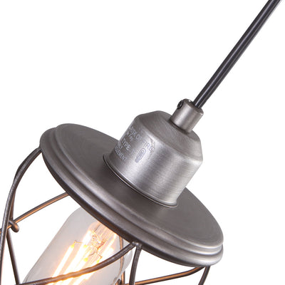 Antiqued Silver Industrial Farmhouse Cage Pendant Light, Adjustable Cord, Kitchen Dining Fixture