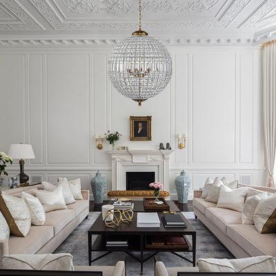 Elegant Faceted Crystal Globe Pendant Chandelier: Antique Brass, Entangled Beads, Dimmable