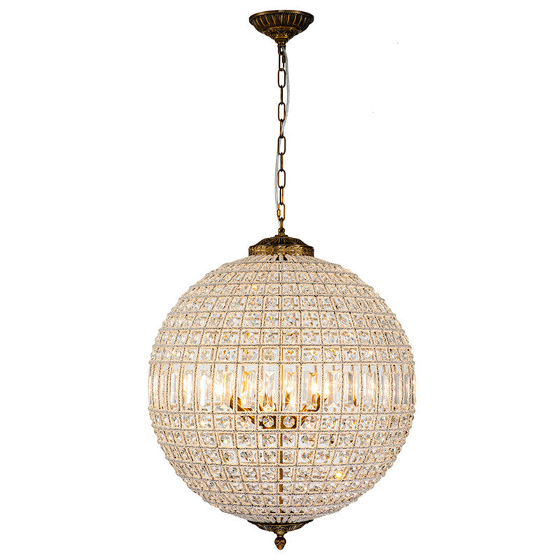 Luxury 5-Light Crystal Globe Pendant Chandelier, Antique Brass Finish Orb Fixture