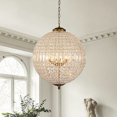 Elegant Faceted Crystal Globe Pendant Chandelier: Antique Brass, Entangled Beads, Dimmable