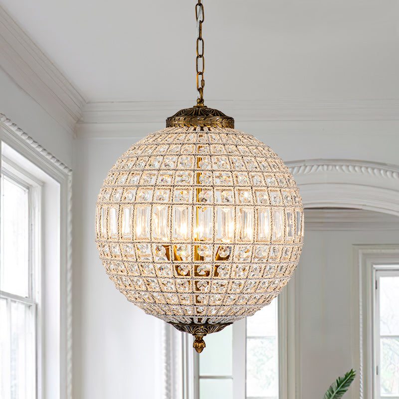 Elegant Faceted Crystal Globe Pendant Chandelier: Antique Brass, Entangled Beads, Dimmable