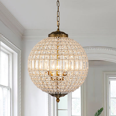 Elegant Faceted Crystal Globe Pendant Chandelier: Antique Brass, Entangled Beads, Dimmable