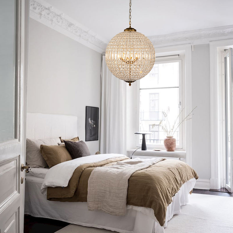Elegant Faceted Crystal Globe Pendant Chandelier: Antique Brass, Entangled Beads, Dimmable