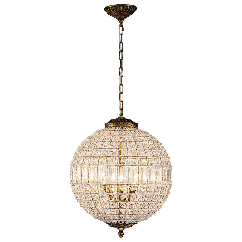 Luxury 3-Light Crystal Globe Pendant Chandelier, Antique Brass Dimmable Fixture