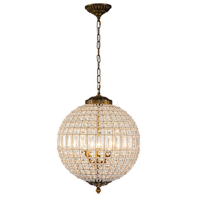Luxury 3-Light Crystal Globe Pendant Chandelier, Antique Brass Dimmable Fixture