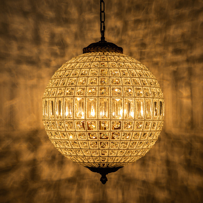 Luxury 3-Light Crystal Globe Pendant Chandelier, Antique Brass Dimmable Fixture