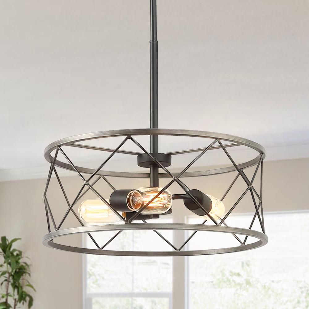 Industrial Farmhouse 3-Light Drum Cage Pendant Chandelier Adjustable Metal Ceiling Fixture