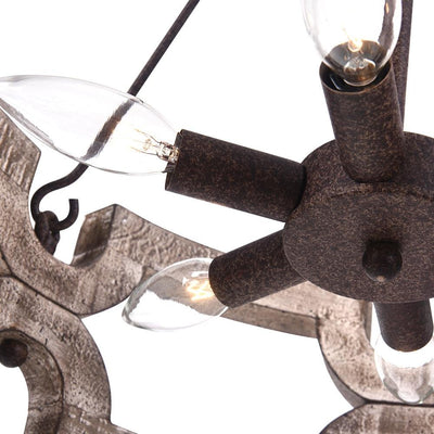 Rustic Wood Drum Pendant Chandelier, 3-Light, Aged Iron Finish, Adjustable Chain