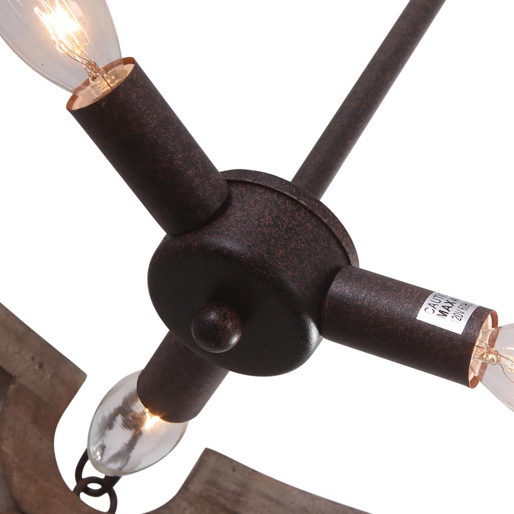 Rustic Wood Drum Pendant Chandelier, 3-Light, Aged Iron Finish, Adjustable Chain
