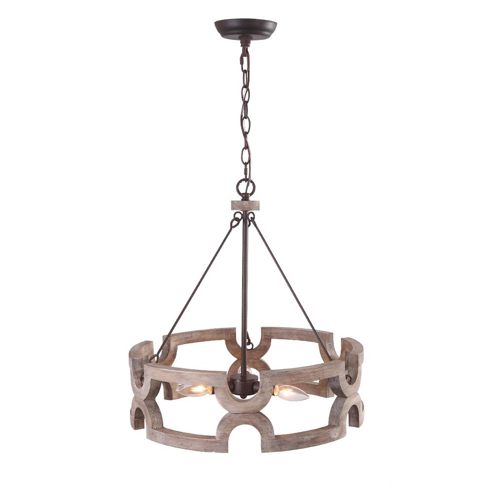 Rustic Wood Drum Pendant Chandelier, 3-Light, Aged Iron Finish, Adjustable Chain