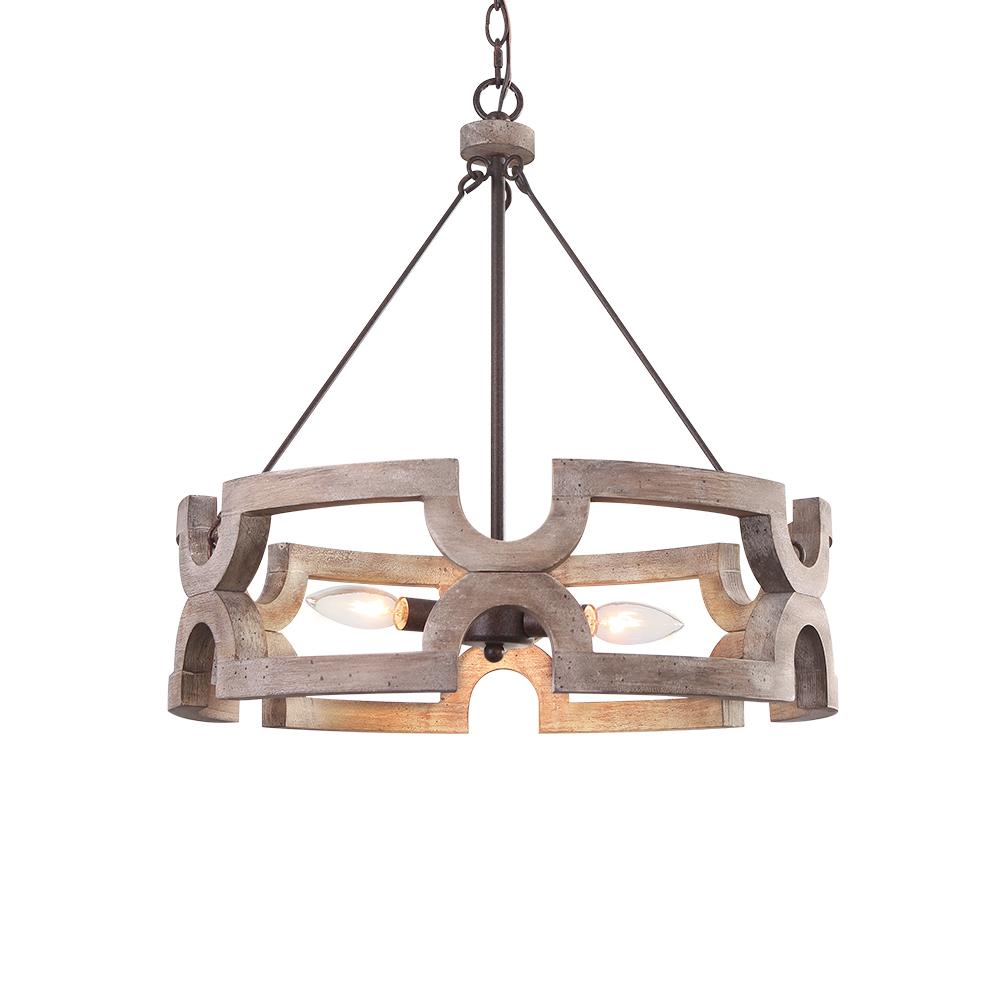 Rustic Wood Drum Pendant Chandelier, 3-Light, Aged Iron Finish, Adjustable Chain