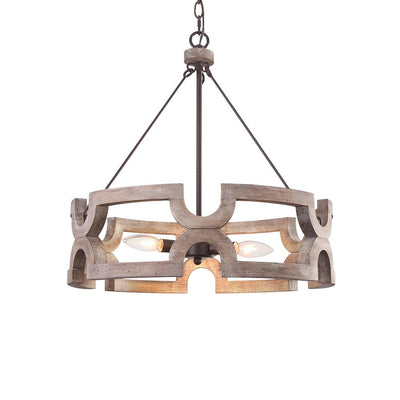 Rustic Wood Drum Pendant Chandelier, 3-Light, Aged Iron Finish, Adjustable Chain